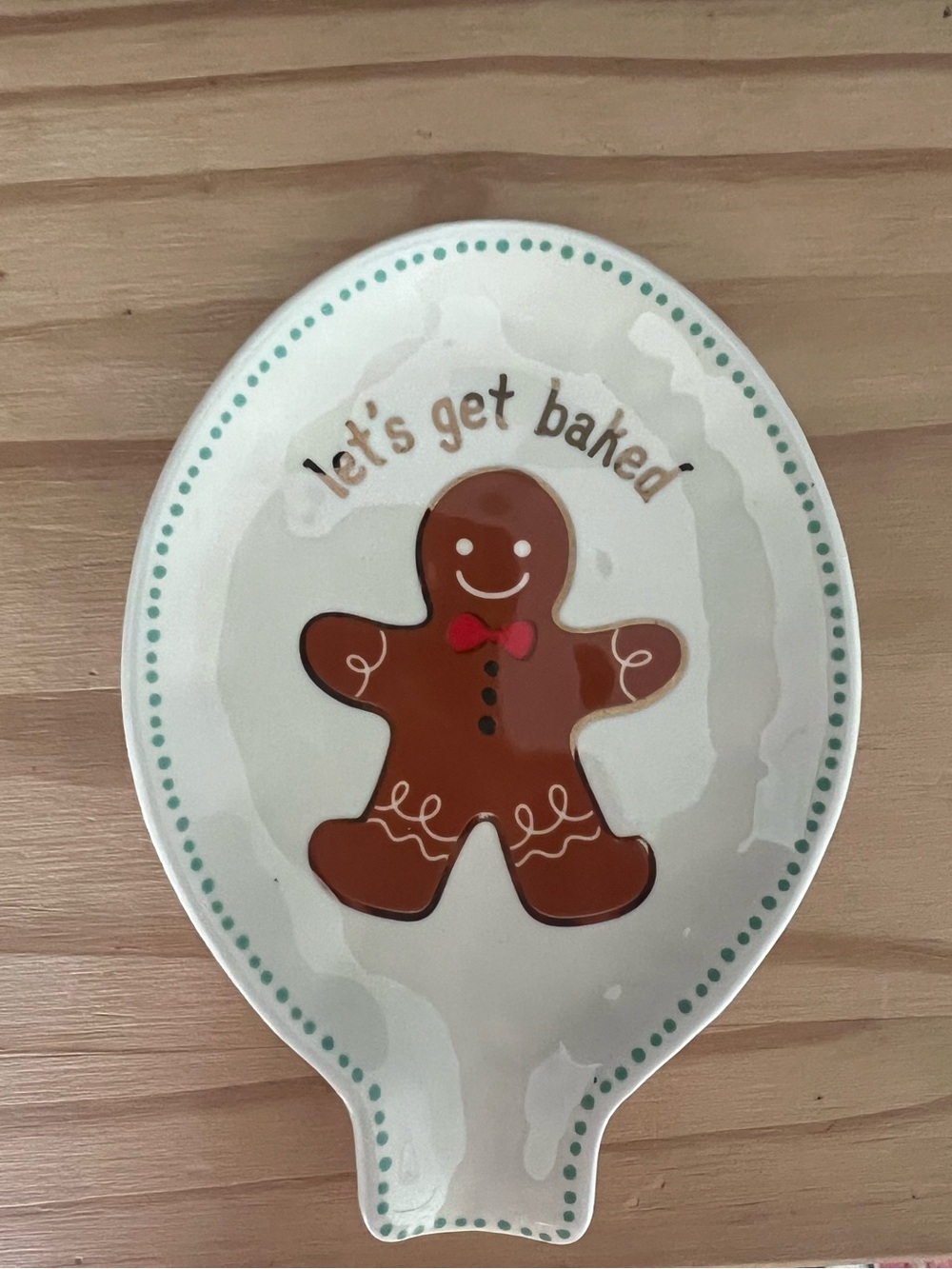 White Spoon Rest with Gingerbread man "Let's Get Baked"